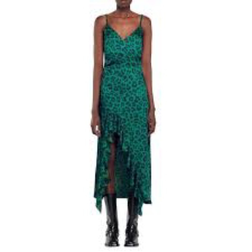 Sandro Leopard Green Animal Print midi slip Dress